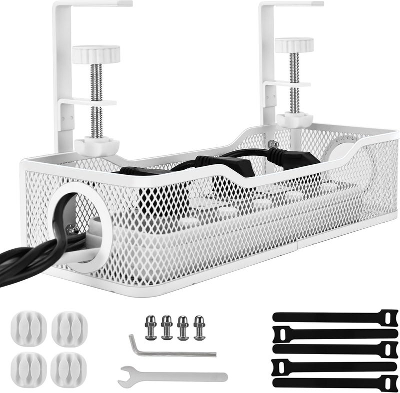 QUELIEN Under Desk Cable Management Tray Small – Clamp-Mounted Wire Organizer & Cord Management Under Desk Holder, No-Drill Metal Cable Tray for Home Office (White) - Image 1
